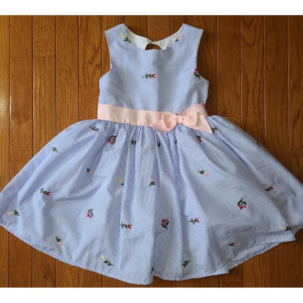 Zunie Sleeveless Floral Embroidered Petticoat Blue Stripe Pinstripe‎ Dress Sz 5